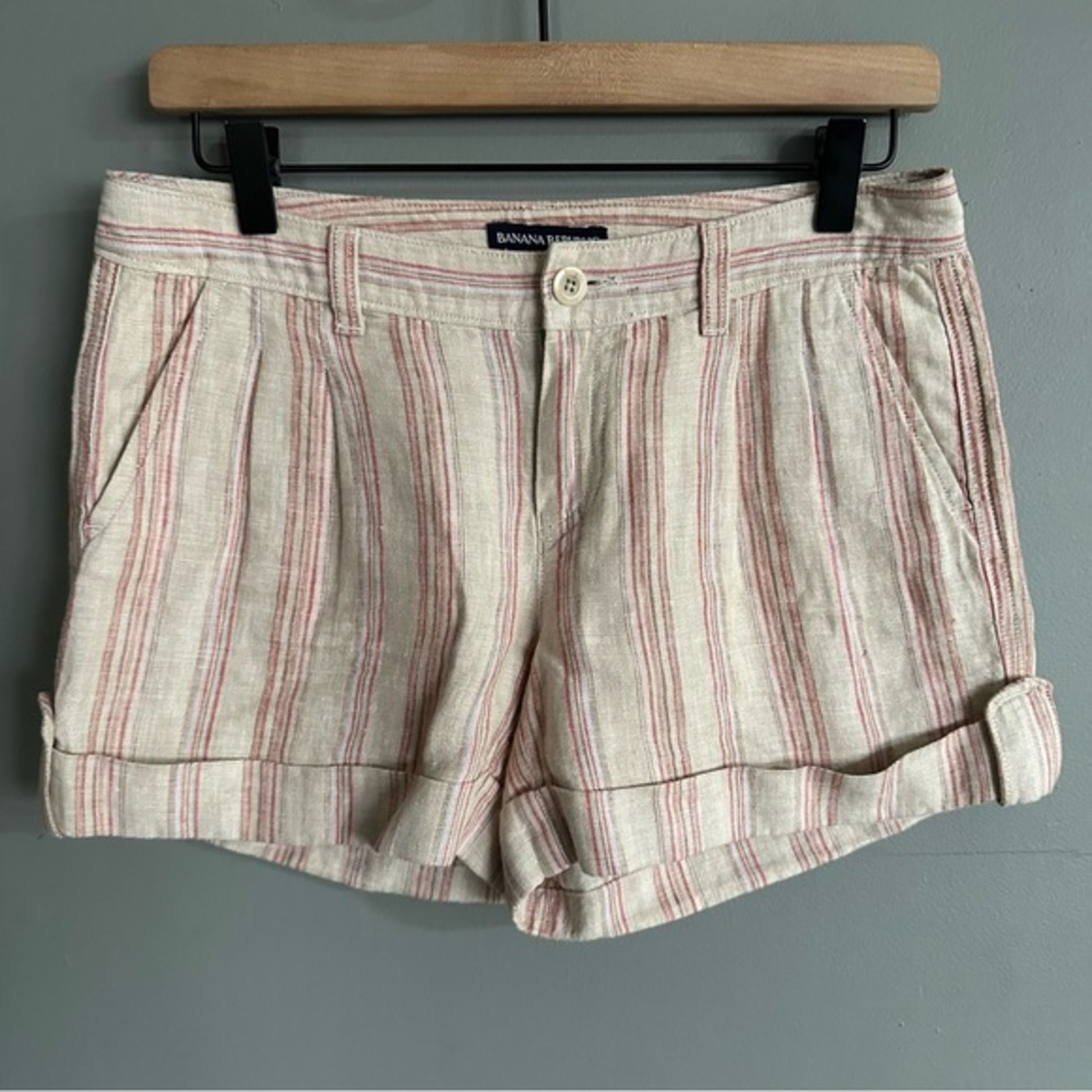 Banana‎ Repiblic Factory 100% Linen Cuffed Shorts | Pink and Red Pinstripes